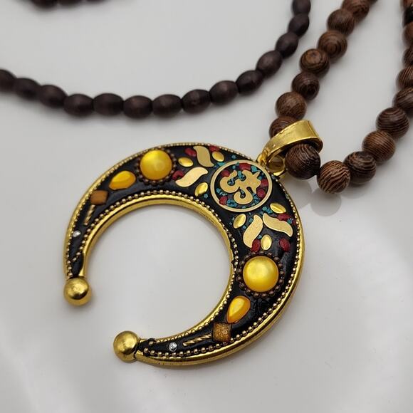 Boho Wood Bead Gold Pendant Necklace - Picture 1 of 4